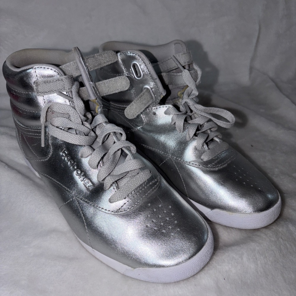 Reebok Freestyle Hi Metallic Silver 7 Vintage 80s Style Aerobic Festival Rare